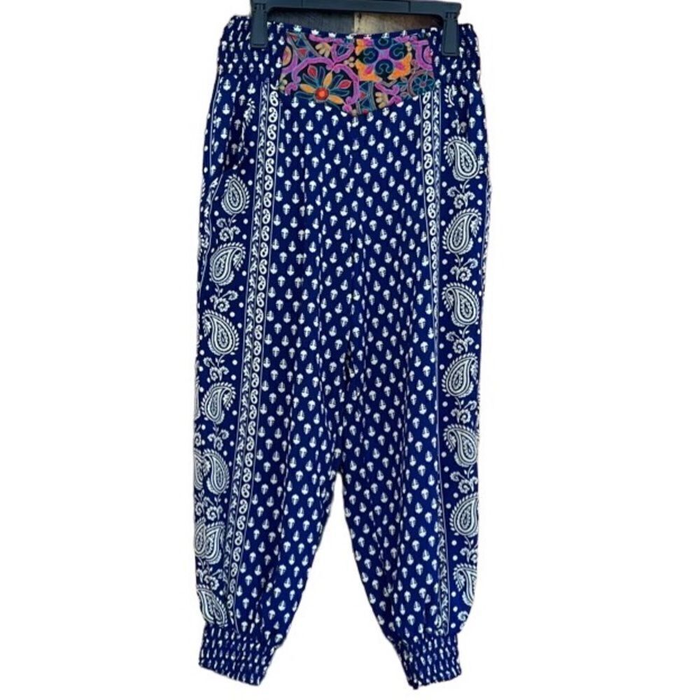 Floating Lotus navy blue patterned jogger style pants w/ embroidered waistband